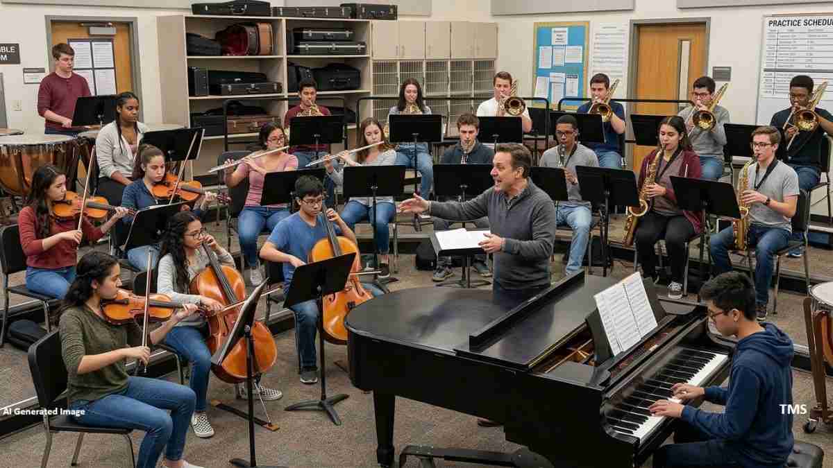 School orchestra rehearsal in a music room: conductor directs string, woodwind, and brass players while a pianist accompanies at a grand piano.